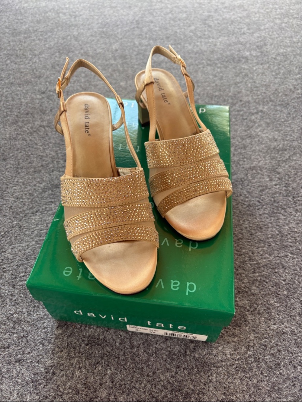 David Tate Champagne Gold Rhinestone Slingback Sandals - Block Heel - Size 8
